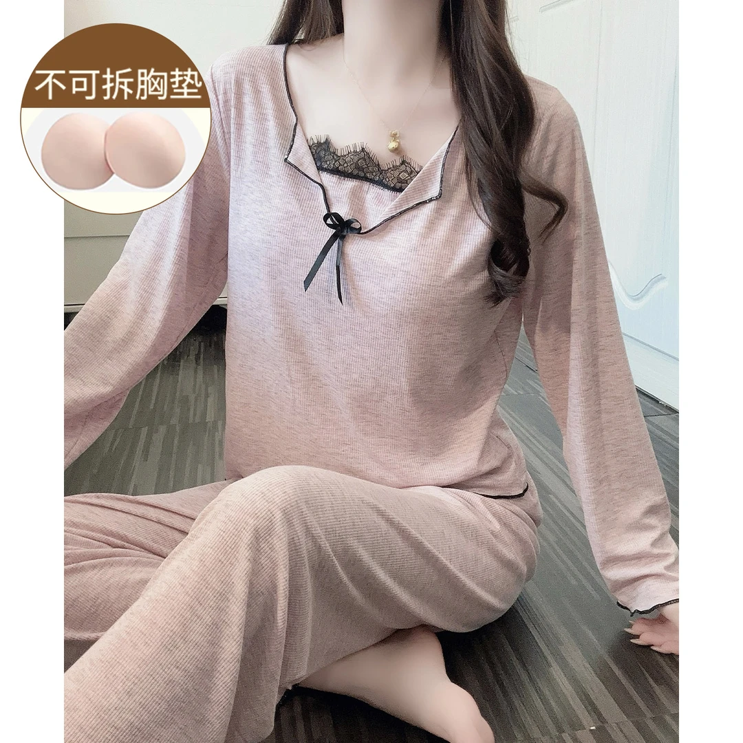 【带胸垫一体】莫代尔睡衣女款秋冬少女蝴蝶结长袖可外穿家居服套装