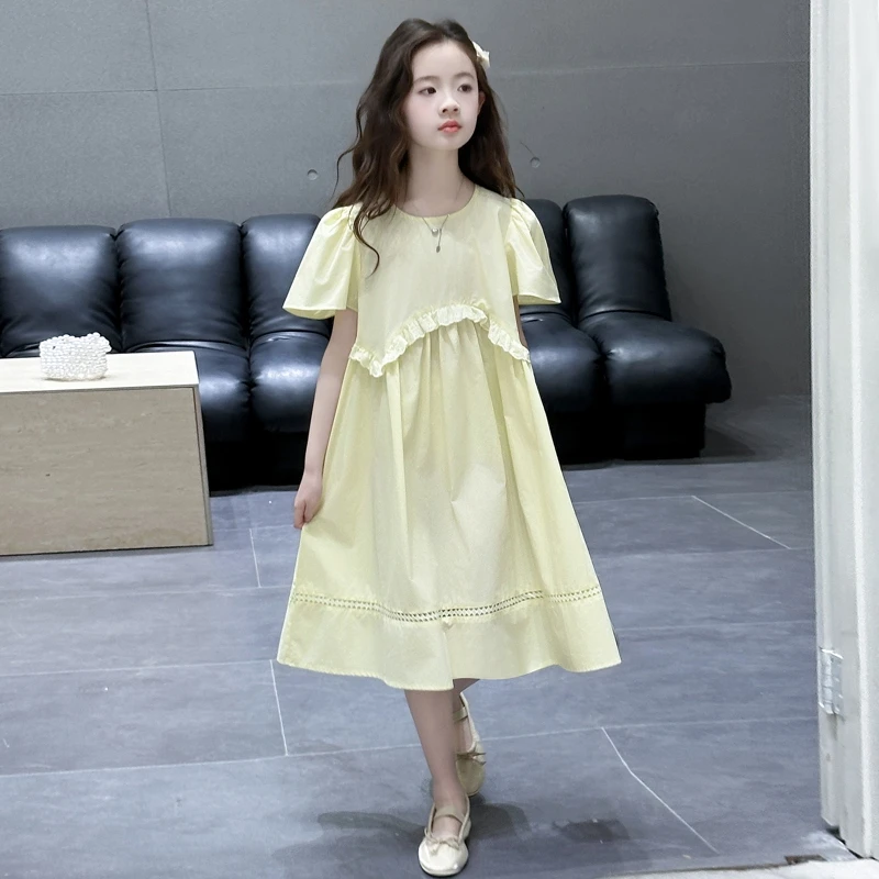 女童连衣裙儿童吸汗棉布花边飞袖裙子童装夏季4-15岁甜美宽松裙