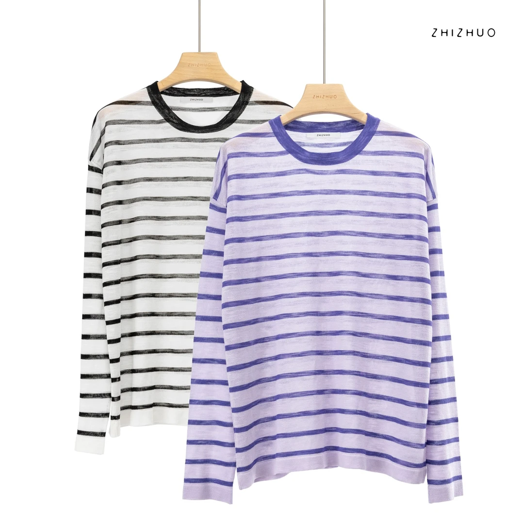 ZHIZHUO/海滨条纹 简约轻薄透气舒适套头长袖条纹T恤