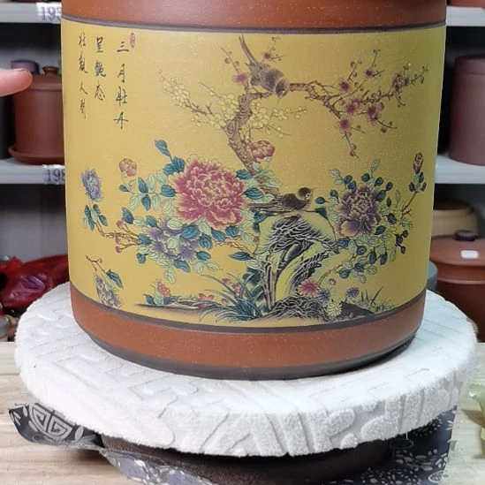 紫砂茶叶罐正品七饼直筒花鸟款8020