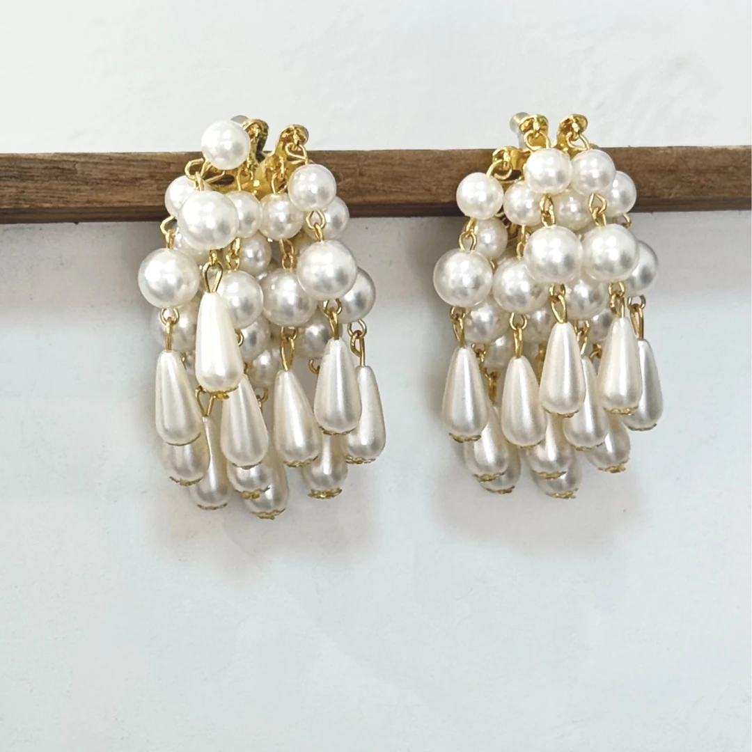 合金仿珍珠耳饰 muli重工设计感珍珠流苏水滴耳饰