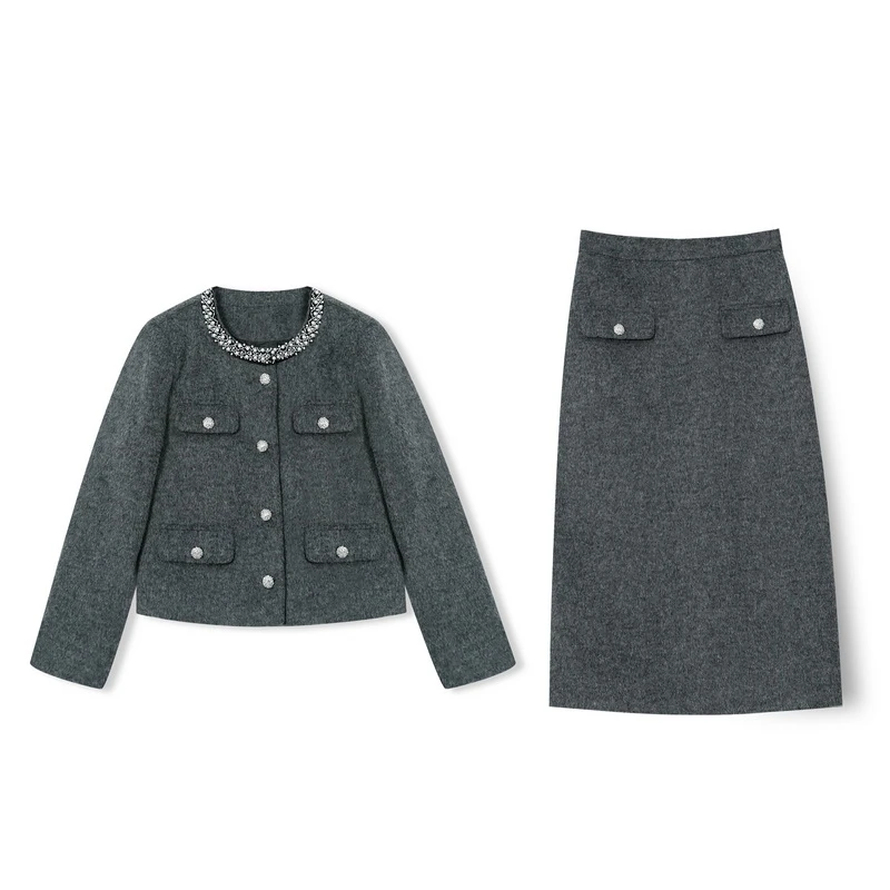 2024冬90白鸭绒填充小香风两件套加厚气质套装轻奢时尚法式休闲