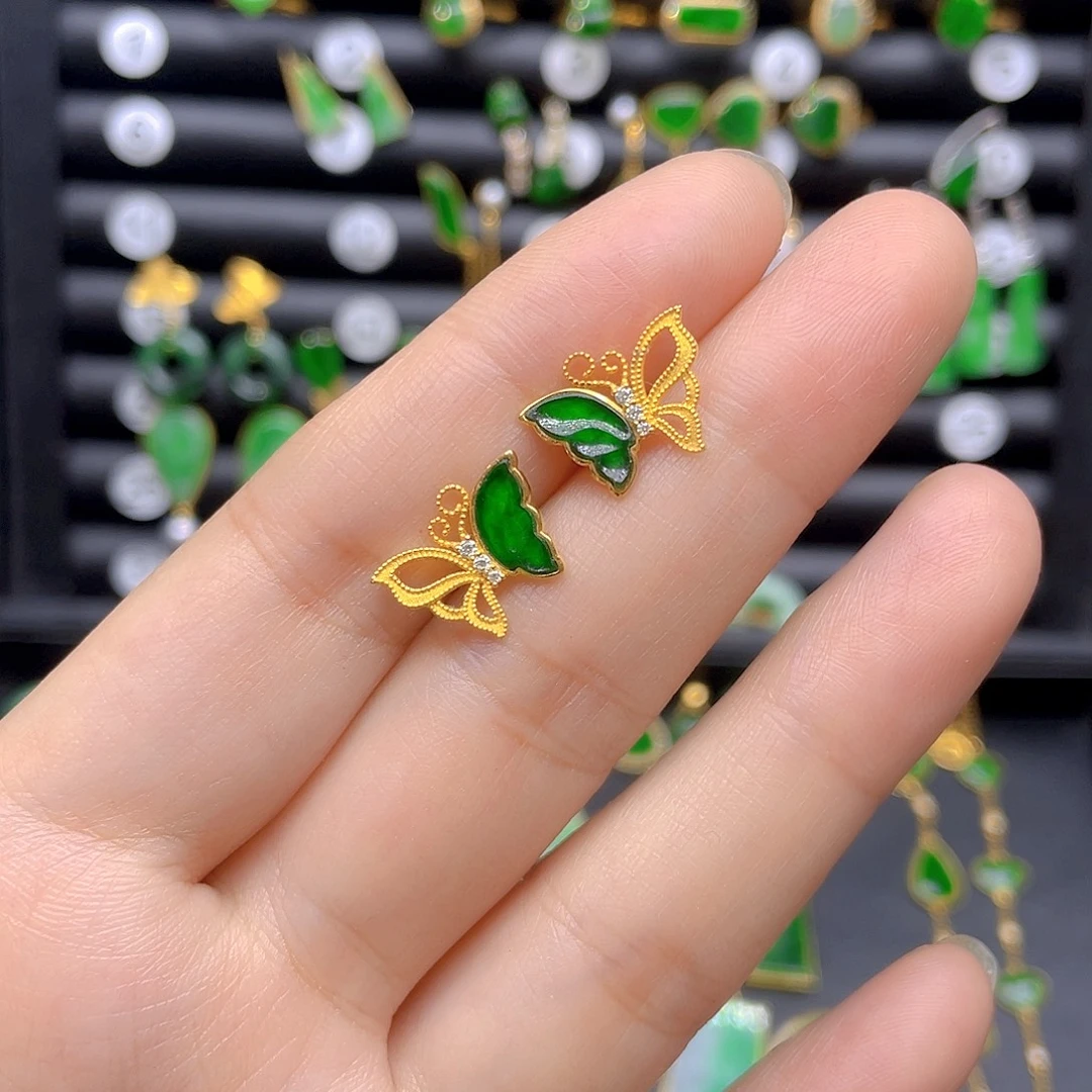 翡翠18K金镶嵌耳饰天然翡翠