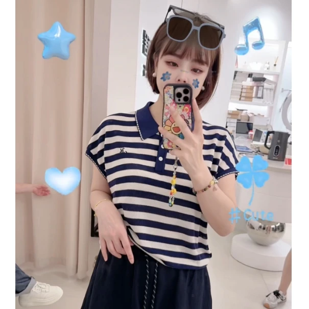 夏季减龄polo领三扣连袖M字母针织短袖