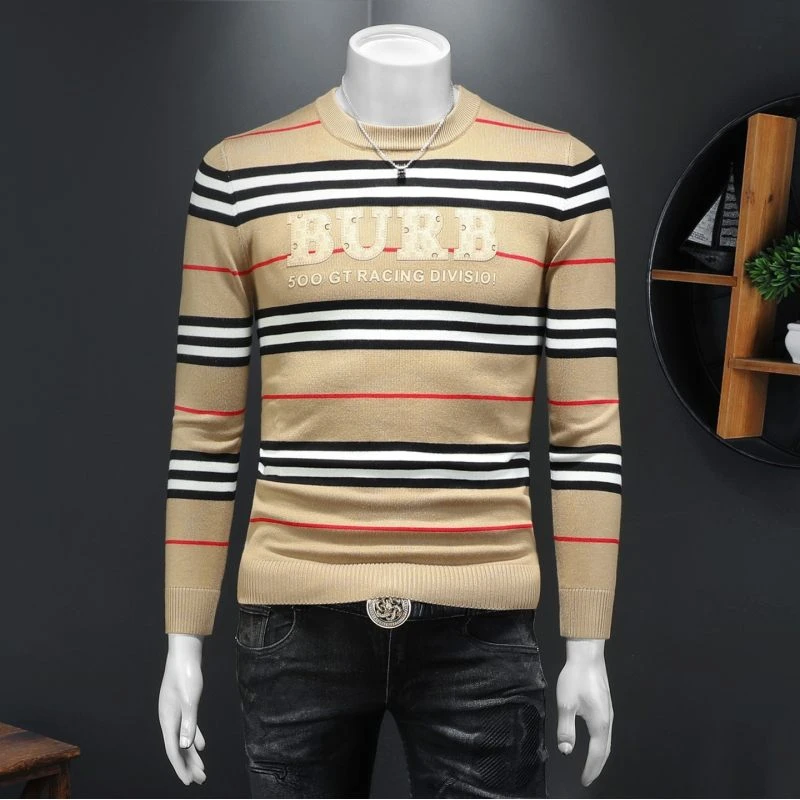 欧洲站冬季长袖毛衣男士修身潮流内搭毛衫条纹圆领针织打底衫潮牌