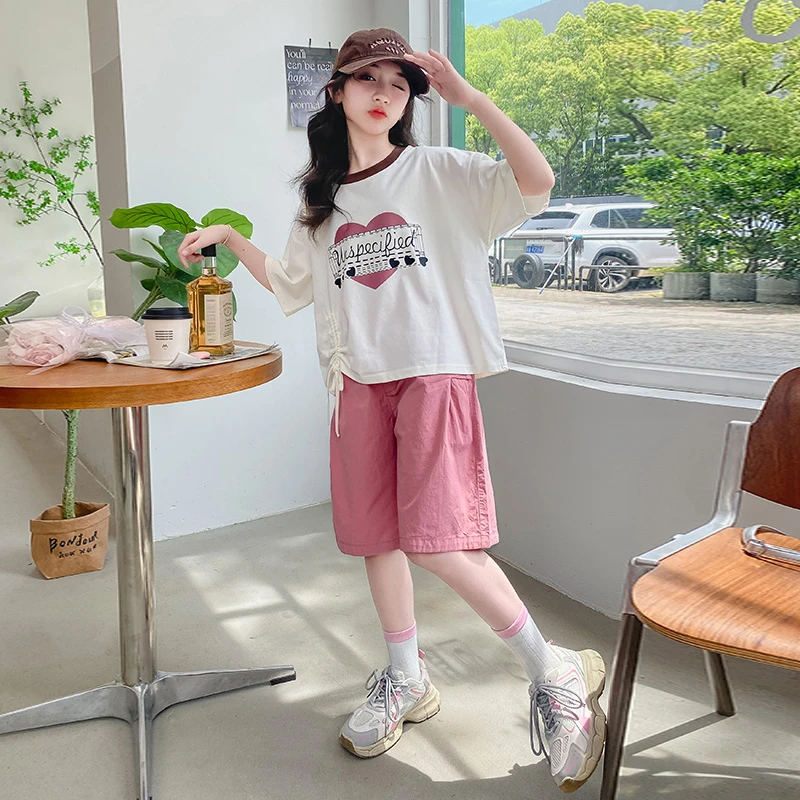 女童夏装服装套装新款6-12岁15中大童洋气短袖T恤休闲短裤两件套