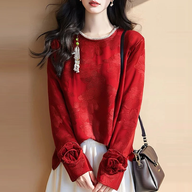 新中式国风红色立体花朵提花衬衫女春季新款妈妈洋气独特别致上衣