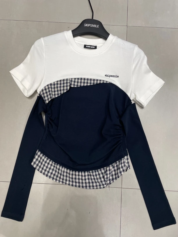 深圳出品小泉优选修身型拼接打底休闲风夏季T恤拼色长袖速干