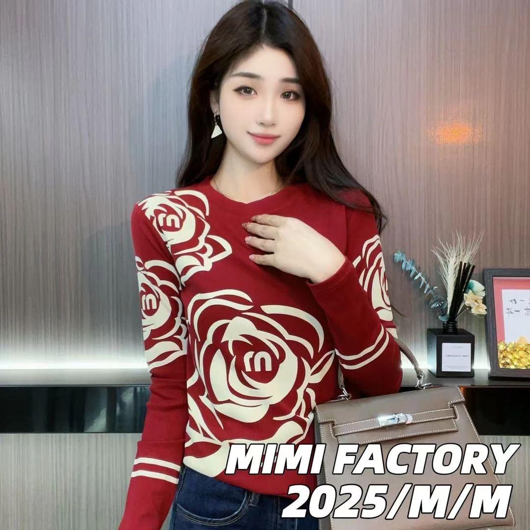 芈芈-2025新款长袖 欧货满印长袖T恤女百搭修身显瘦百搭上衣XCTQ
