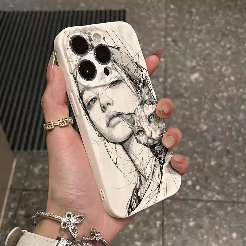 BANCA素描女孩与猫适用苹果16肤感褶皱手机壳iphone15简约14软13