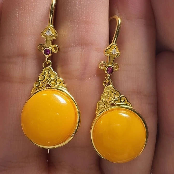 蜜蜡银S925镶嵌耳饰耳坠