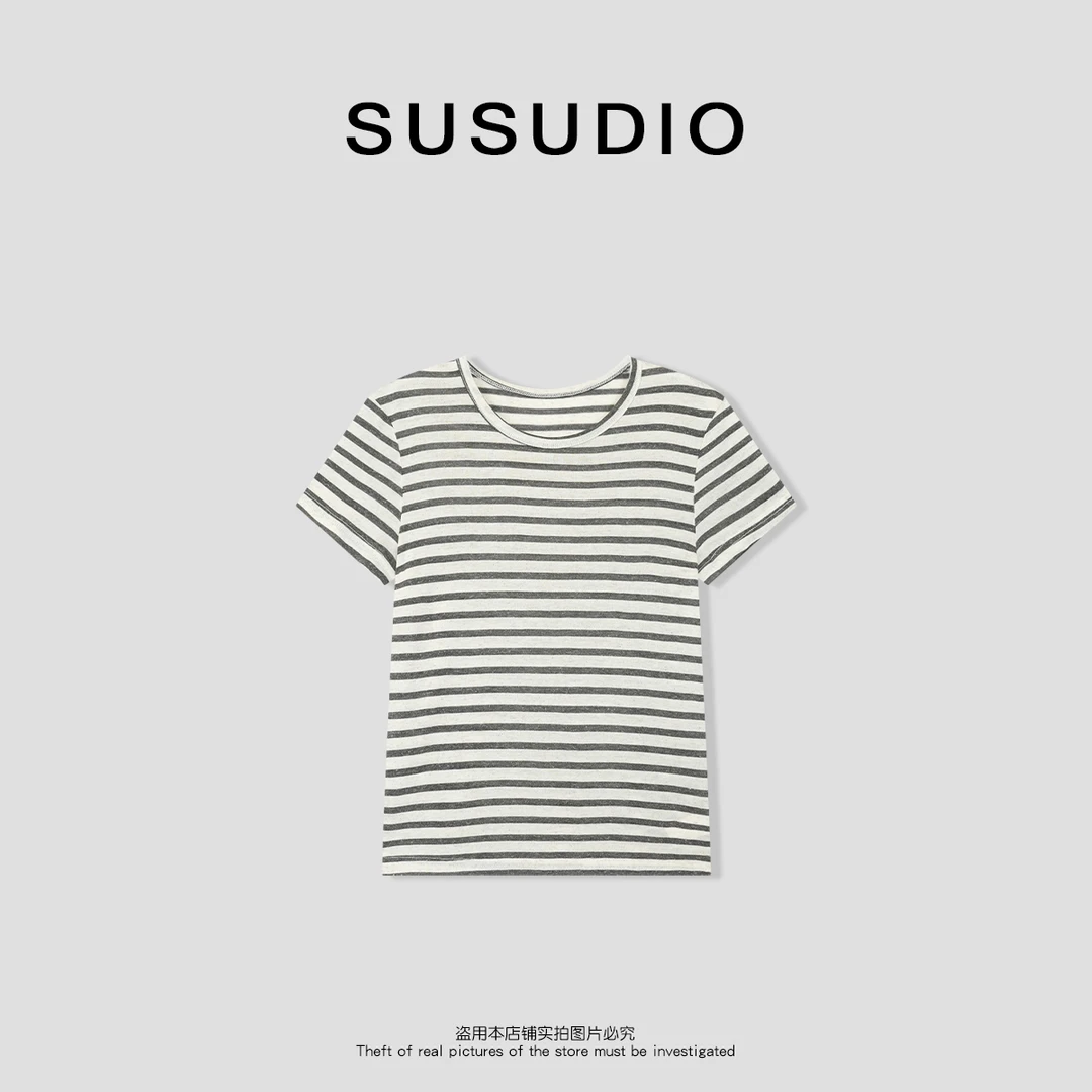SUSUDIO③ 亚麻+莱赛尔设计款正肩显瘦条纹短袖T恤10144