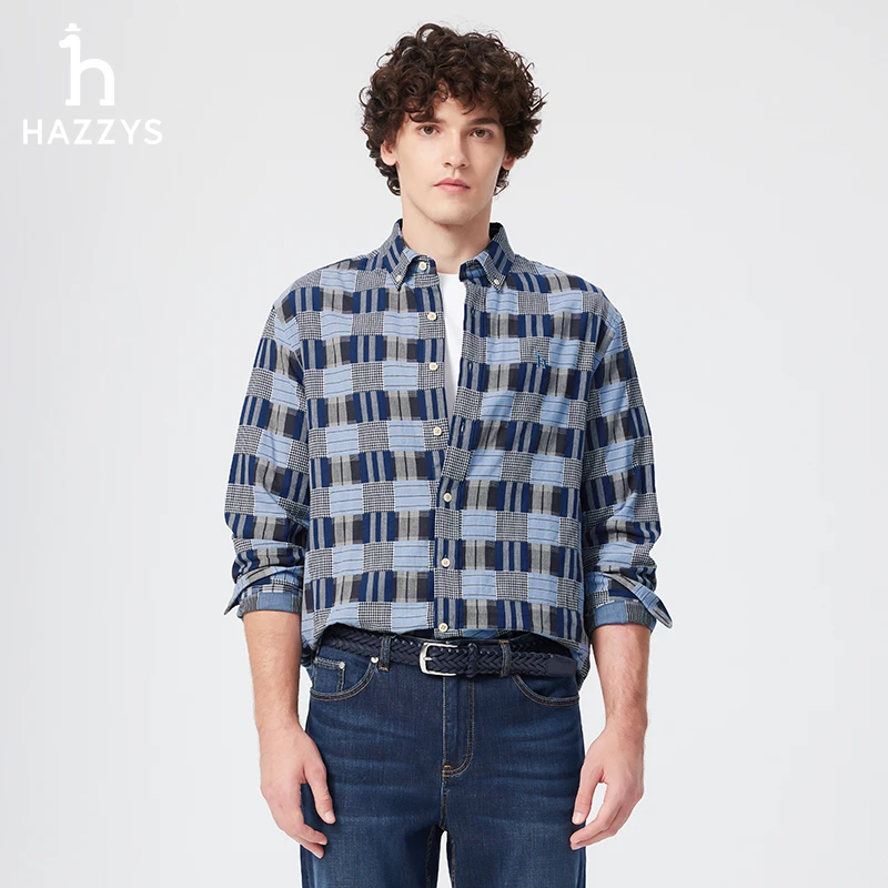 【商场同款】Hazzys哈吉斯男士春季格纹长袖衬衫时尚休闲格子衬衣