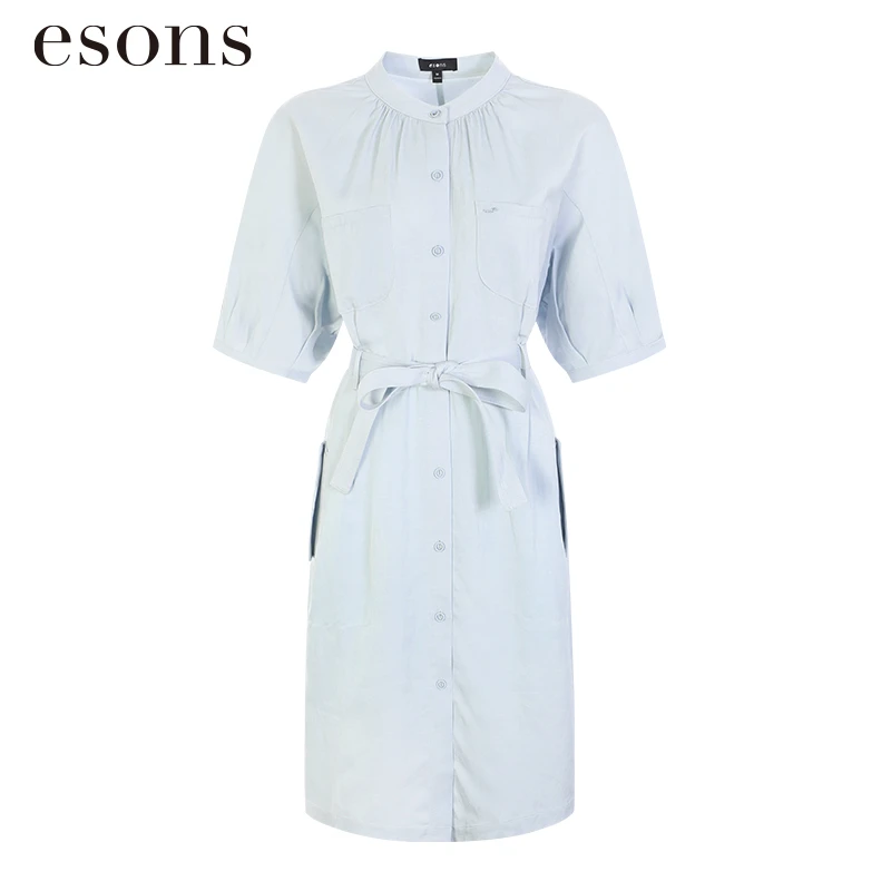 esons/爱城市纯色休闲系带收腰短袖连衣裙过膝长裙34531880