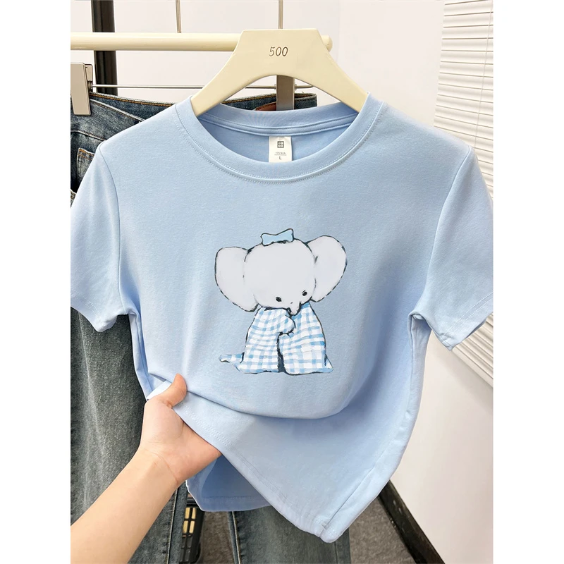 天蓝色正肩短袖t恤女韩版洋气小象印花200斤胖mm大码休闲圆领上衣
