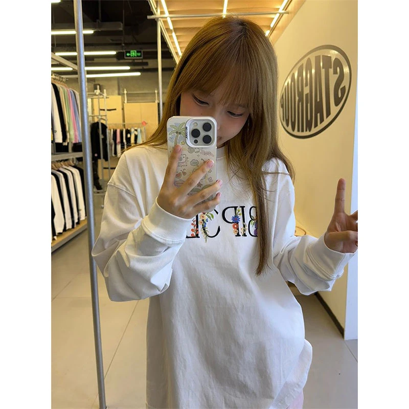 100%纯棉白色长袖T恤女春秋季小众创意字母印花宽松百搭打底上衣