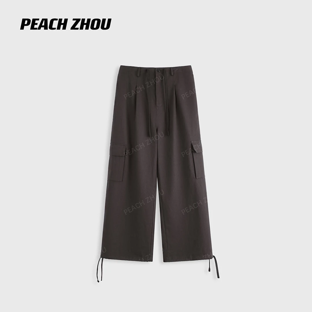 『PEACHZHOU』压褶工装大口袋宽松系扣休闲裤系带松紧腰美式阔腿裤