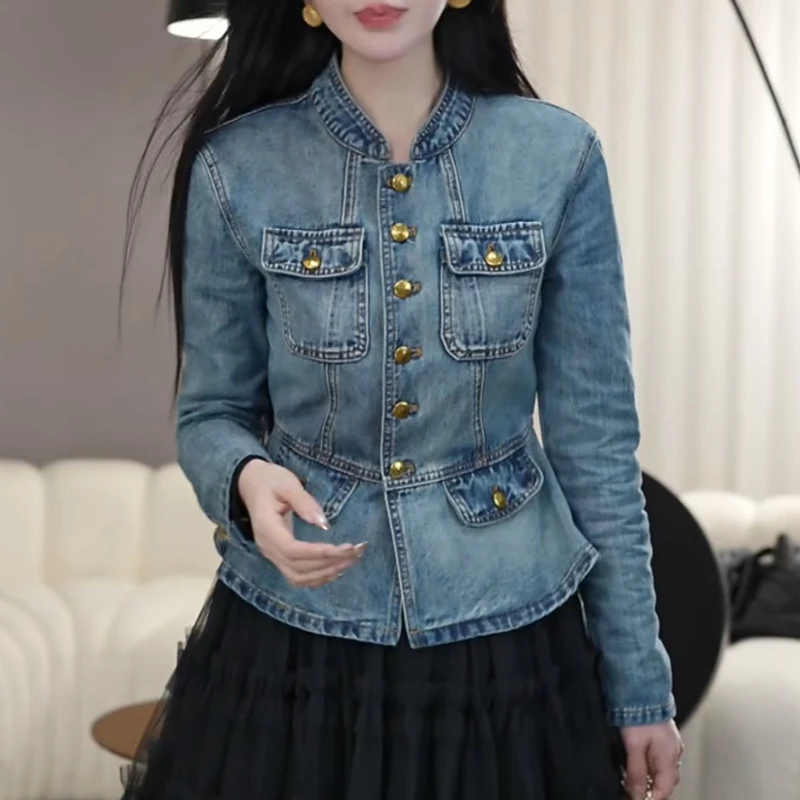 2025新款美式复古立领收腰牛仔外套秋季设计感小众百搭女士潮流