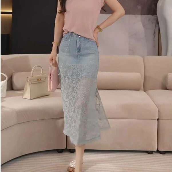 2025夏季高定烫钻牛仔半身裙女新款拼接提花蕾丝时髦宽松显瘦长裙