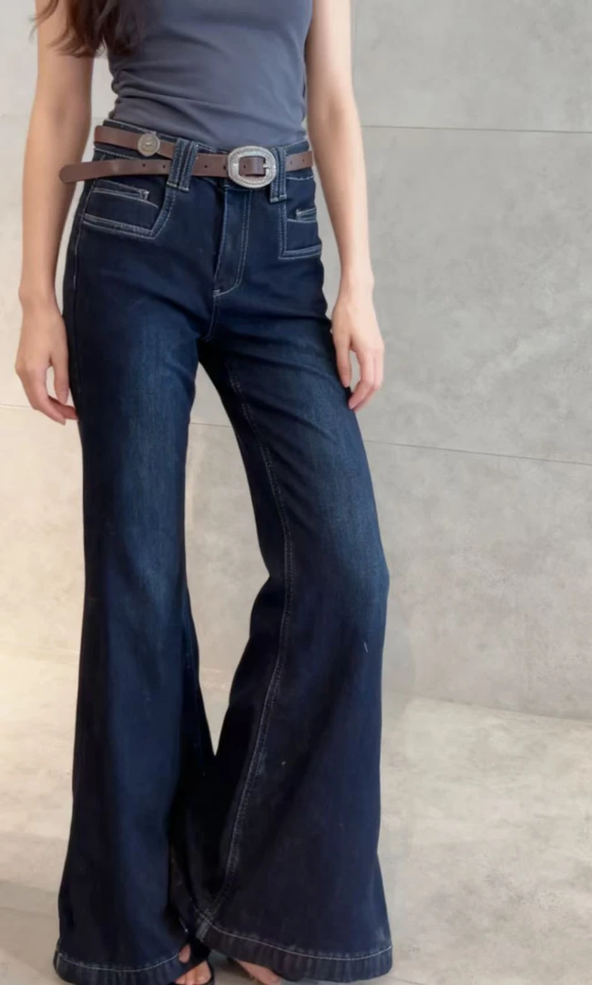 19016 加绒加厚高腰微喇牛仔裤不贴腿宽松显瘦喇叭裤 裤长103