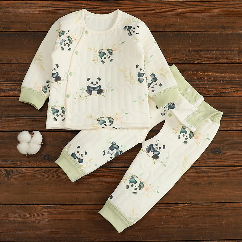 男女通用冬季中国风夹棉套装新生儿秋冬季保暖分体打底两件套休闲