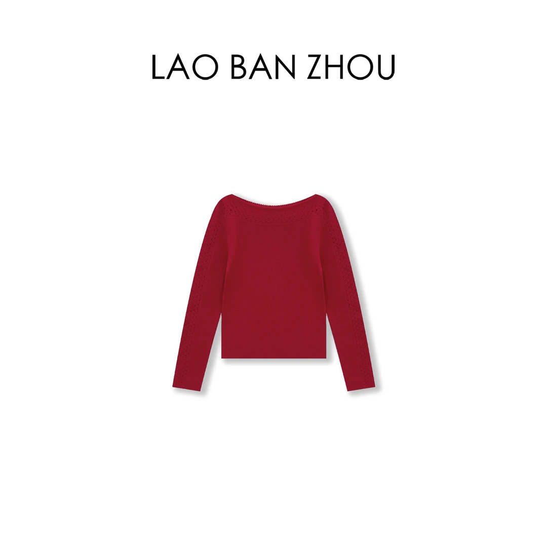 【老板周】气质优雅 秋冬新品一字领拼接蕾丝针织上衣