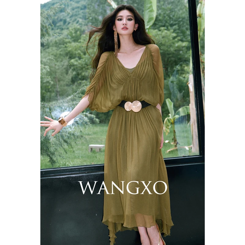 WANGXO   人丝皱结构碎褶真两件连衣裙250737W