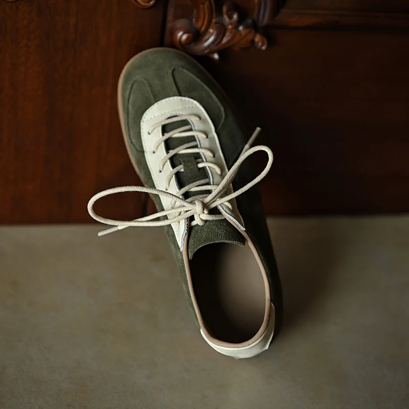 复古拼接圆头平底系带德训鞋女2025新款舒适时尚休闲鞋女鞋