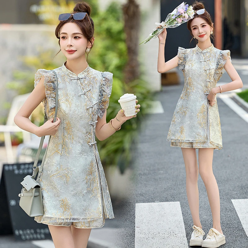 新中式国风旗袍复古名媛高端时尚气质提花短裤两件套装无袖连衣裙