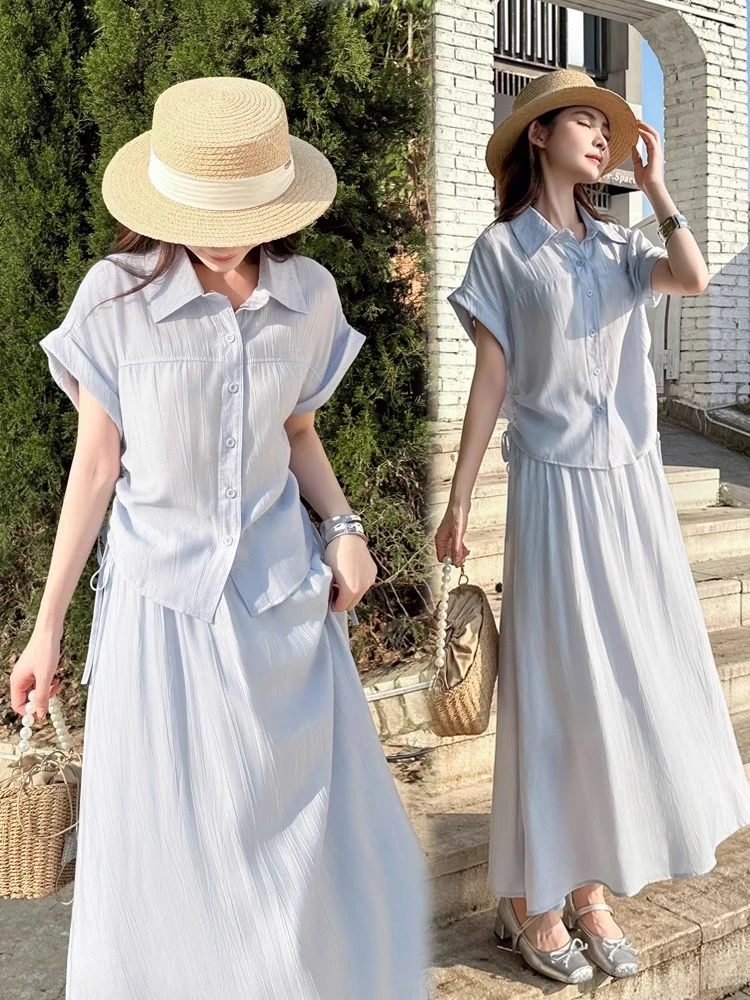 时尚套装裙女2025夏季新款宽松洋气翻领短袖衬衫半身裙气质两件套