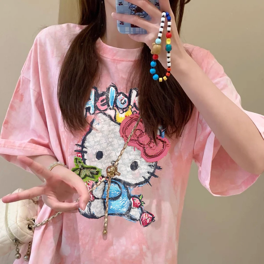 100%纯棉可爱涂鸦凯蒂猫印花扎染短袖t恤女夏季休闲少女感上衣服