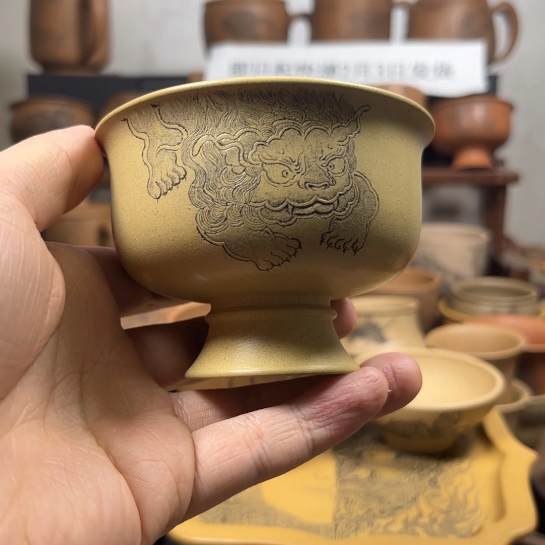 紫砂杯子老*微瑕疵招财狮刻绘紫砂主人杯
