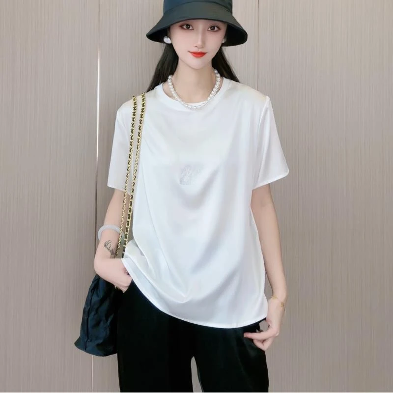 重磅真丝双乔弹力缎天鹅烫钻时尚显瘦气质圆领桑蚕丝T恤上衣DX028