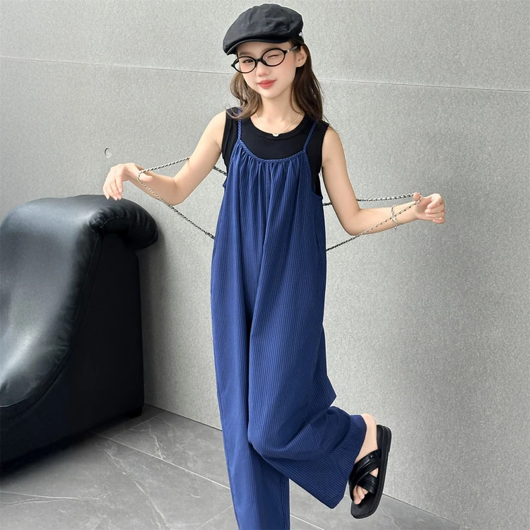 女童夏季背带裤套装2025新款休闲简约时尚蓝色条纹吊带裤子两件套