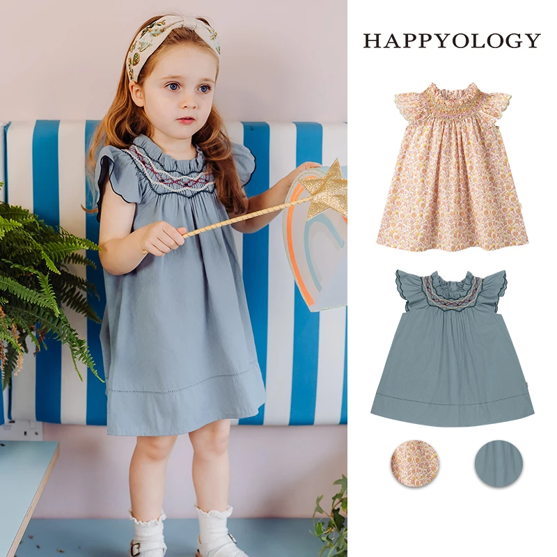 Happyology英国儿童春夏手工司马克裙子新品连身裙女童飞袖连衣裙
