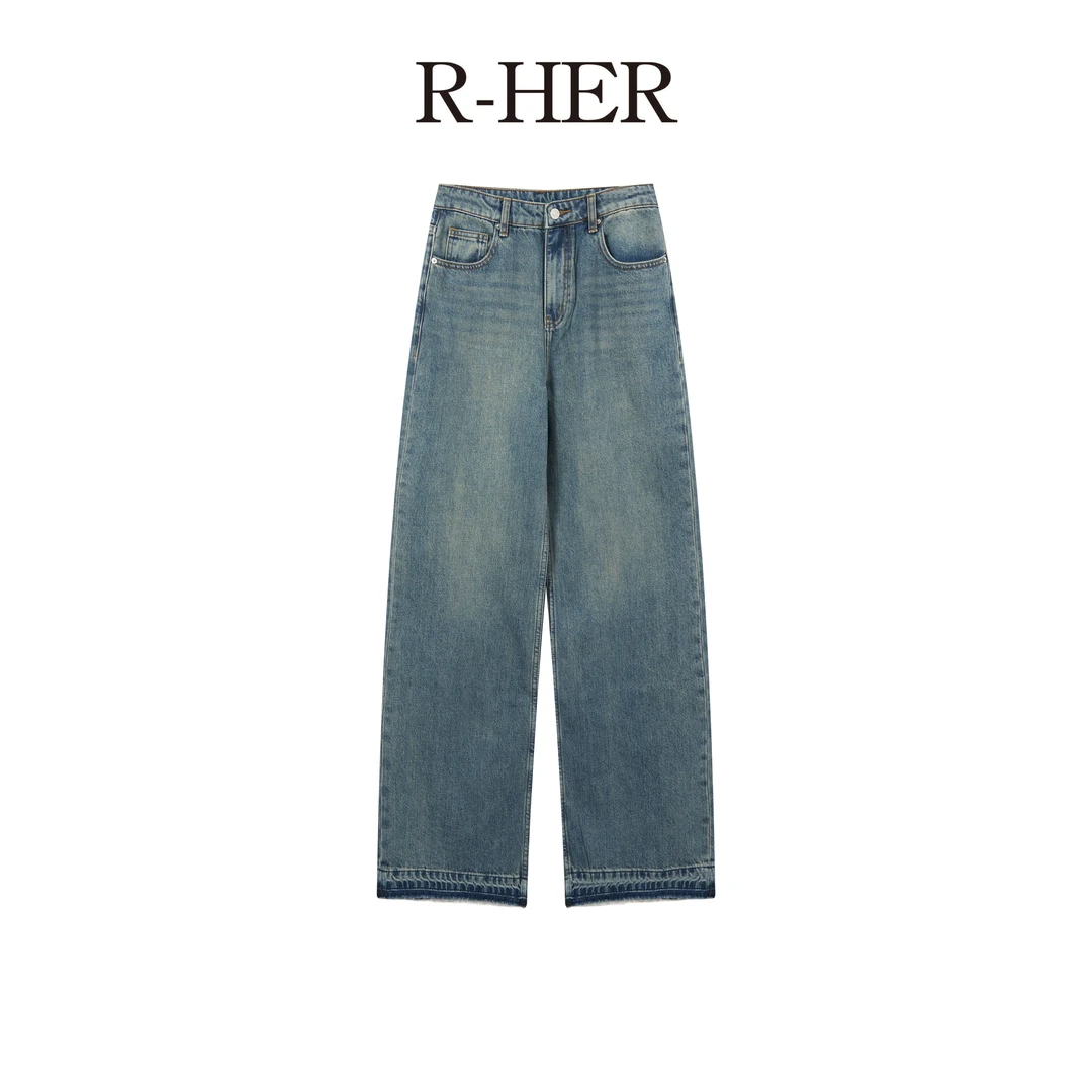 R-HER【美式洗水】新款美式休闲复古洗水牛仔裤宽松时尚显瘦裤子