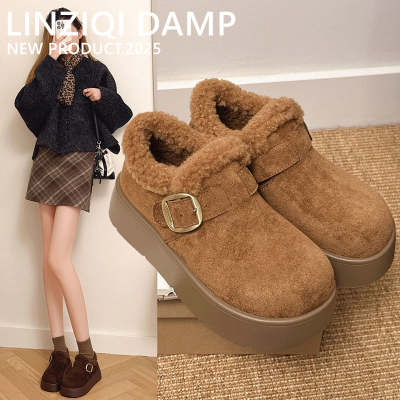 厚底增高勃肯鞋女秋冬加绒加棉2025年新款乐福勃肯棉鞋外穿雪地棉