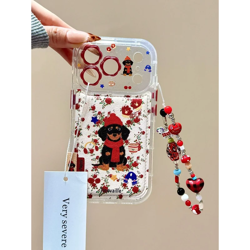 皮纹碎花红帽围巾腊肠狗链条适用苹果17promax手机壳15iphone16