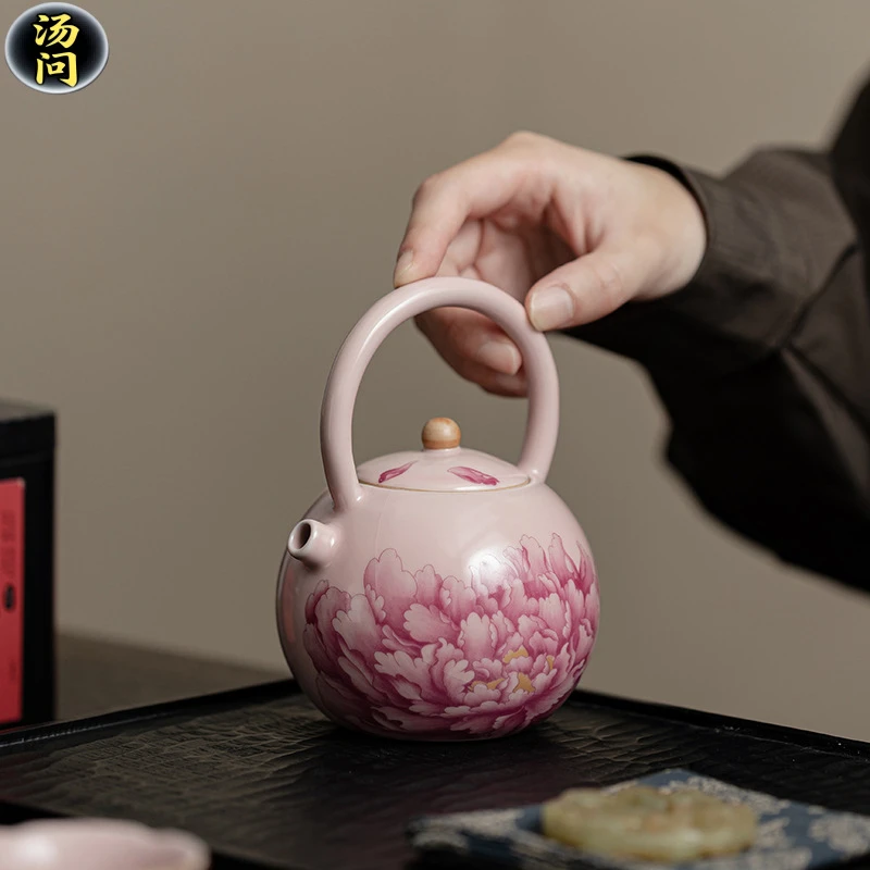 粉色汝窑牡丹圆满提梁壶开片可养陶瓷茶具茶壶大容量加厚顶先茶器