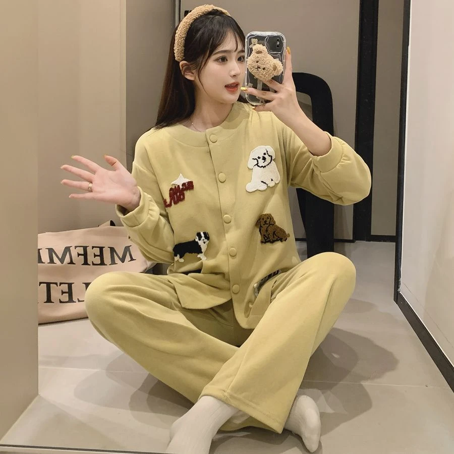 秋冬款德绒睡衣长袖长裤卡通可爱开衫女羊绒可外穿保暖家居服套装
