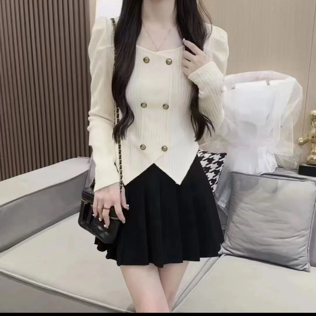 2025秋冬新款甜美纯欲小香风双排扣长袖修身针织打底衫时尚新款女
