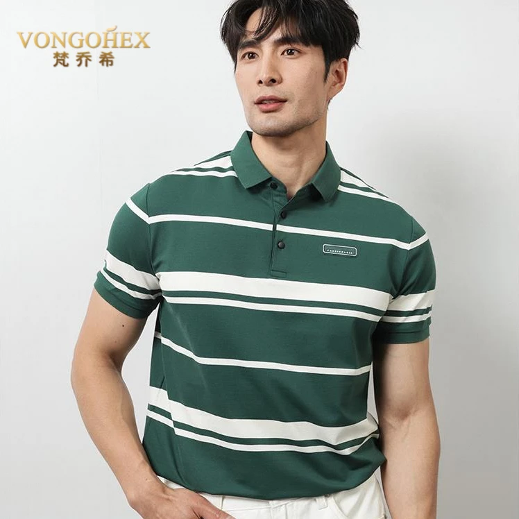 VONGOHEX休闲翻领POLO衫男条纹短袖夏季薄款商务休闲透气运动上衣