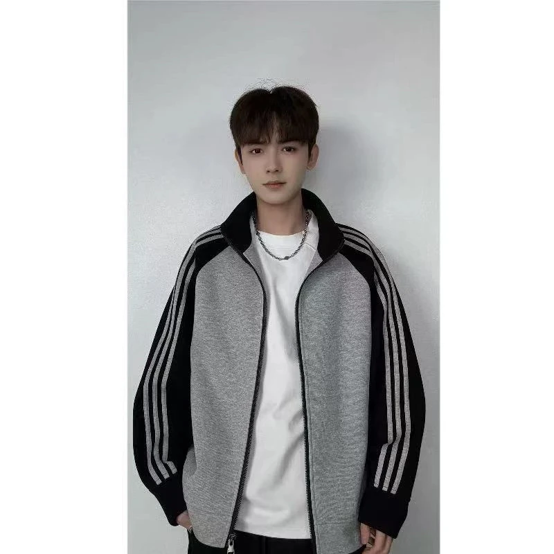 秋季水洗条纹连帽落肩袖拼接卫衣潮流休闲秋款新开衫外套时尚百搭