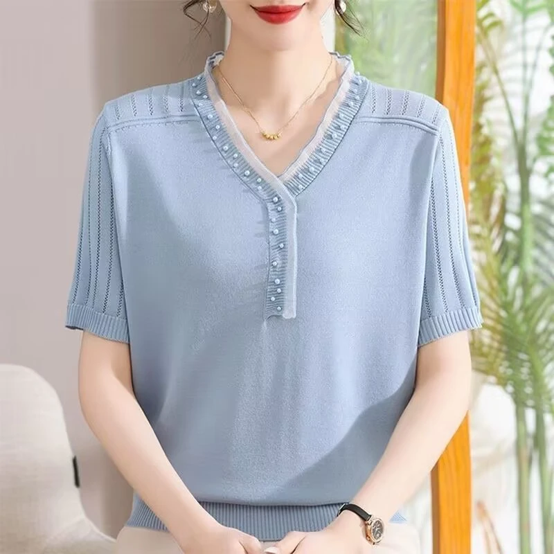 夏季女装妈妈衫夏装圆领纯色镂空T恤中老年女装V领气质妈妈装夏季