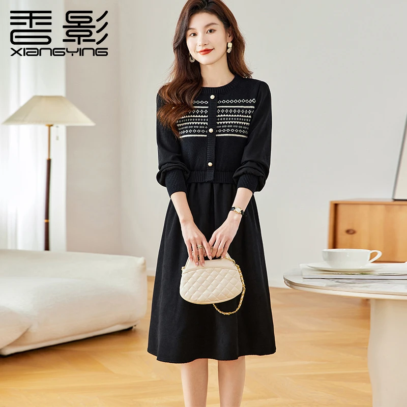X.YING/香影女装秋季新款时尚高级感连衣裙法式减龄假两件针织裙