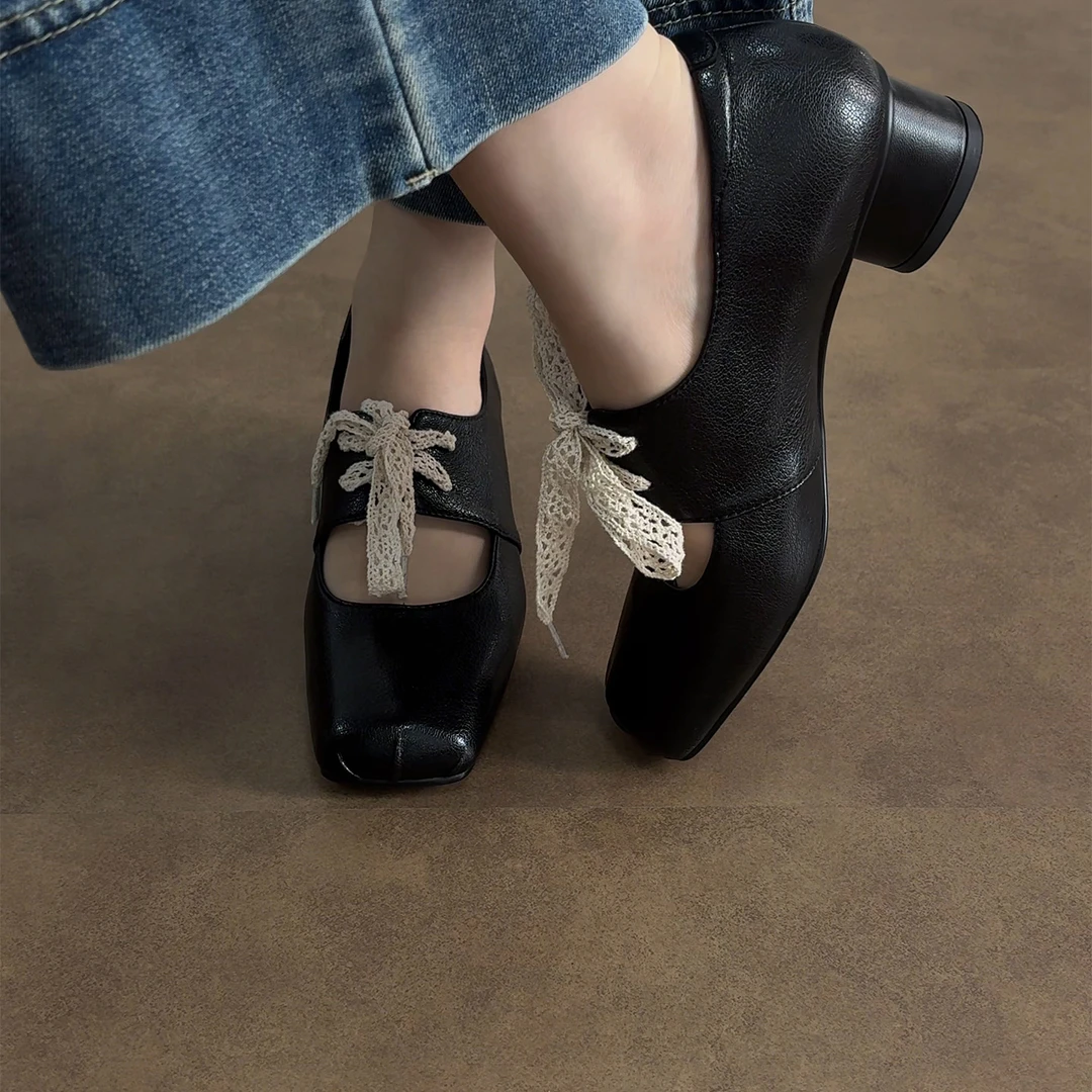 4cm/ED2342羊皮复古粗跟玛丽珍鞋女方头软底法式低跟芭蕾鞋真皮