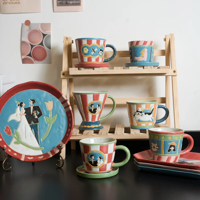 大有日-闹米手作咖啡杯碟茶杯主人杯点心盘小清新插画风格情侣