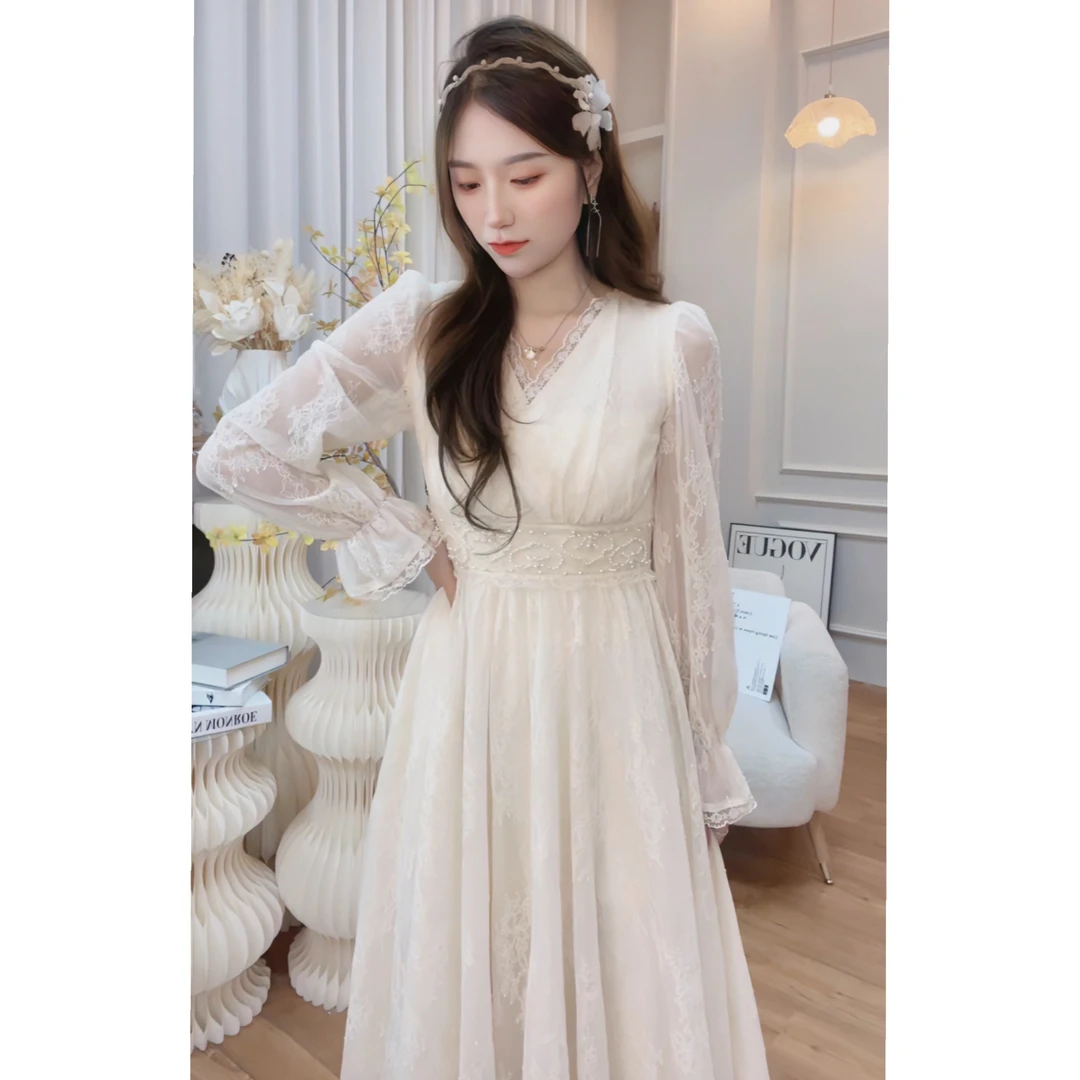 【瑶仙乐曲】Mai Mai◆小众蕾丝少女风秋季连衣裙不褪色高弹力泡泡袖
