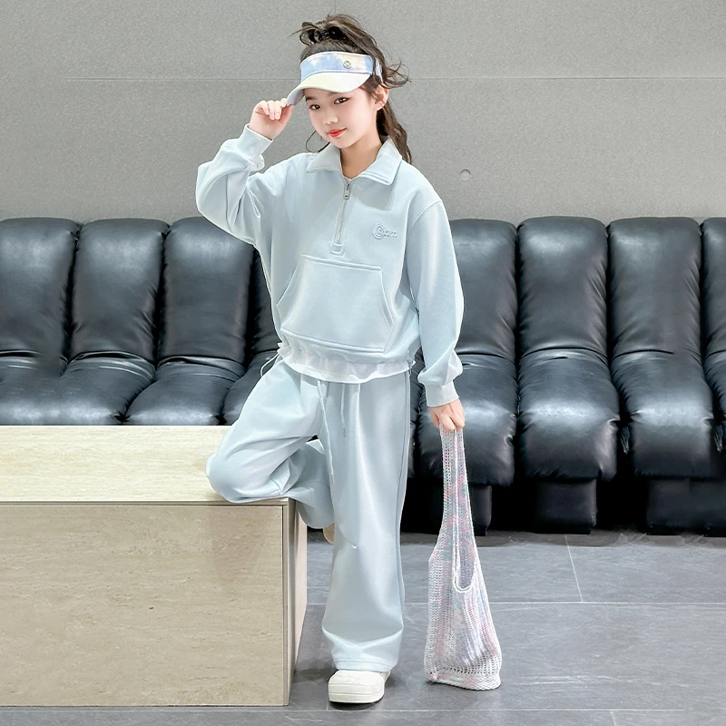 女童春季套装2025新款洋气时尚纯色两件套6-12岁中大童春款衣服潮