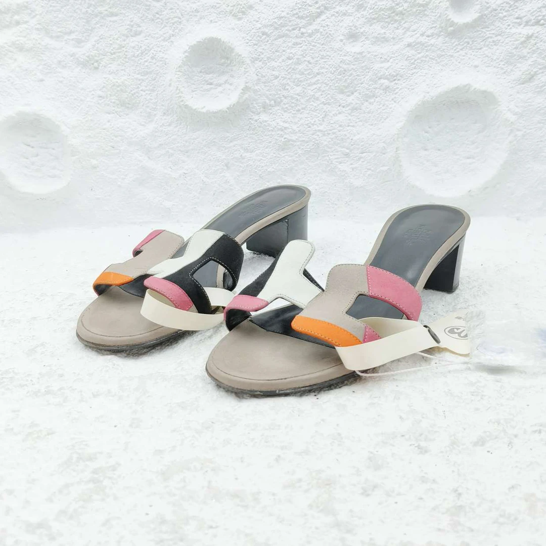 99新 Hermes/爱马仕 36.5码/拼色中跟凉拖/A1990